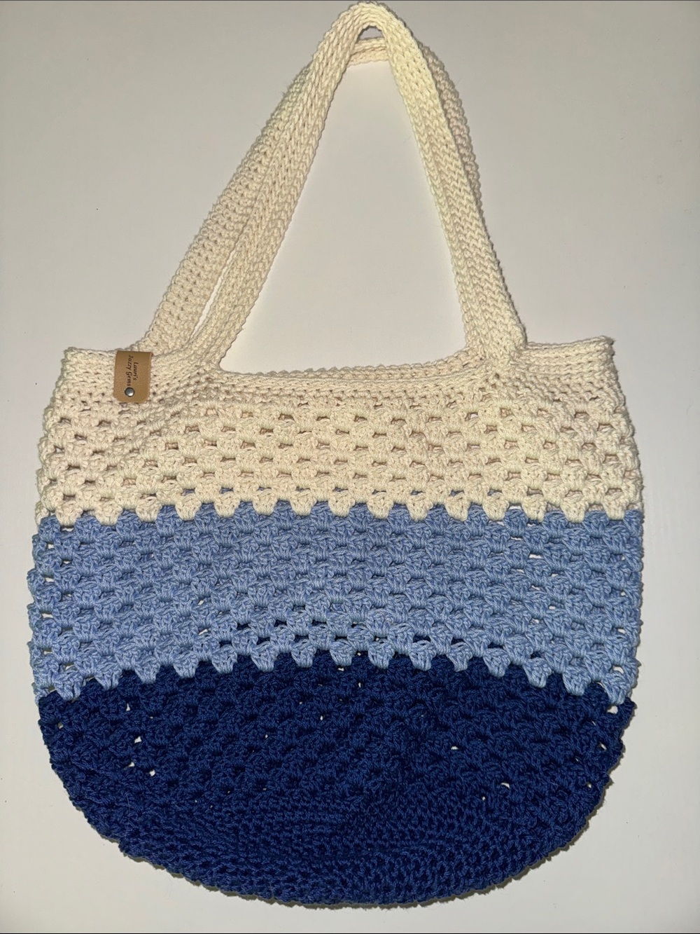 Crocheted Colorblock Tote Bag in Cream, Light Gray & Navy